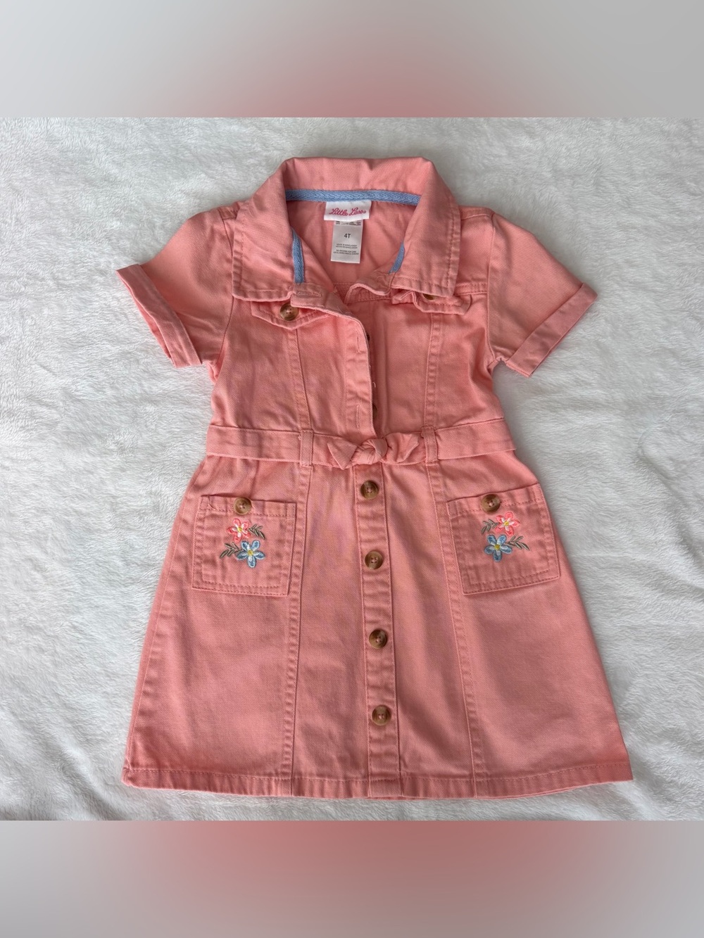 Little Lass Girls 4T Pink Floral Embroidered Shirt Dress 100% Cotton